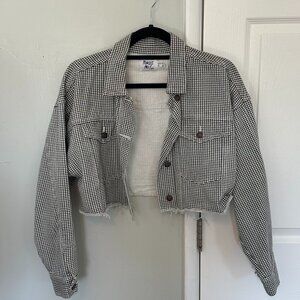 Princess Polly Checkered Cropped Jean Jacket Size 6 100% Cotton